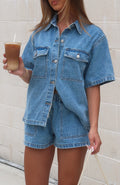Eyvette Boutique Denim Daydream Button Up Shirt in Mid Blue