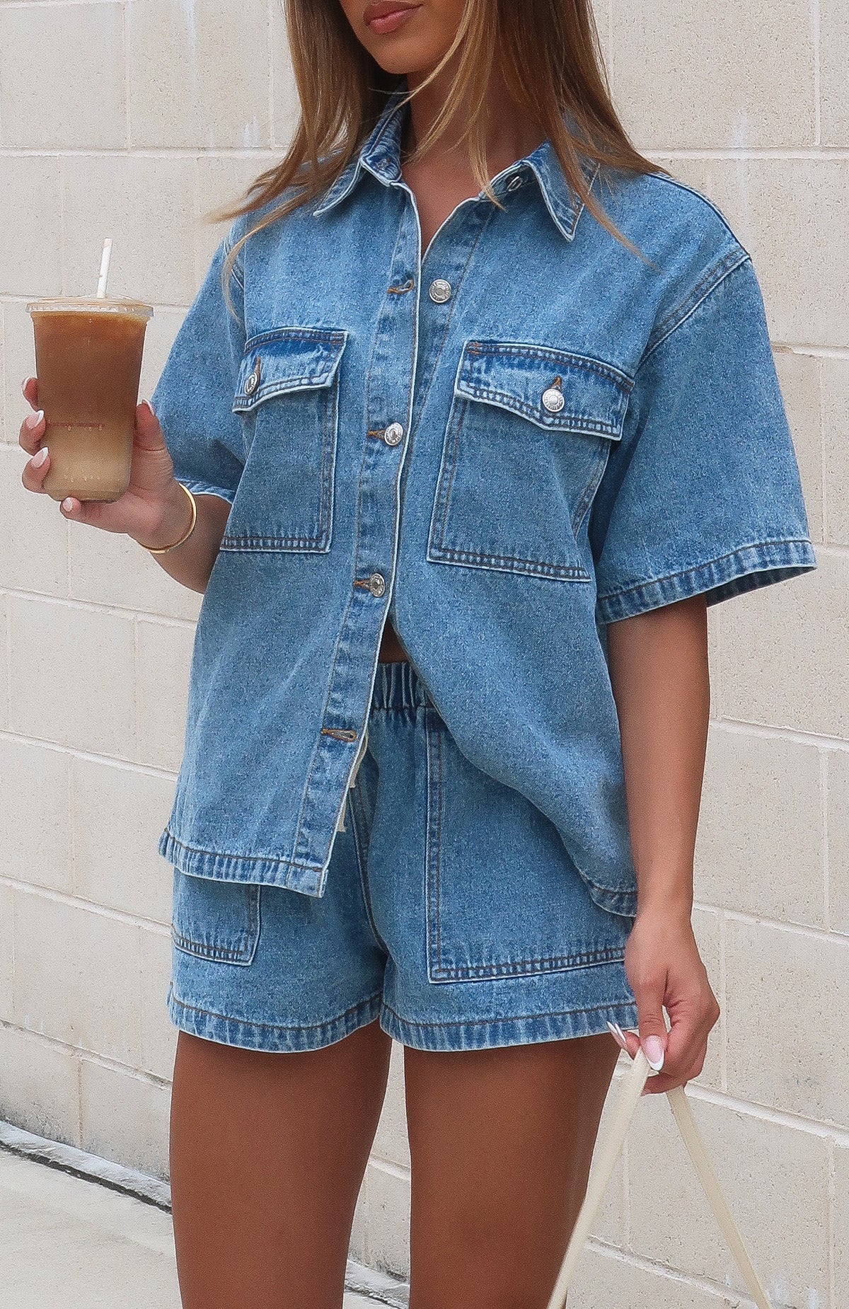 Eyvette Boutique Denim Daydream Button Up Shirt in Mid Blue
