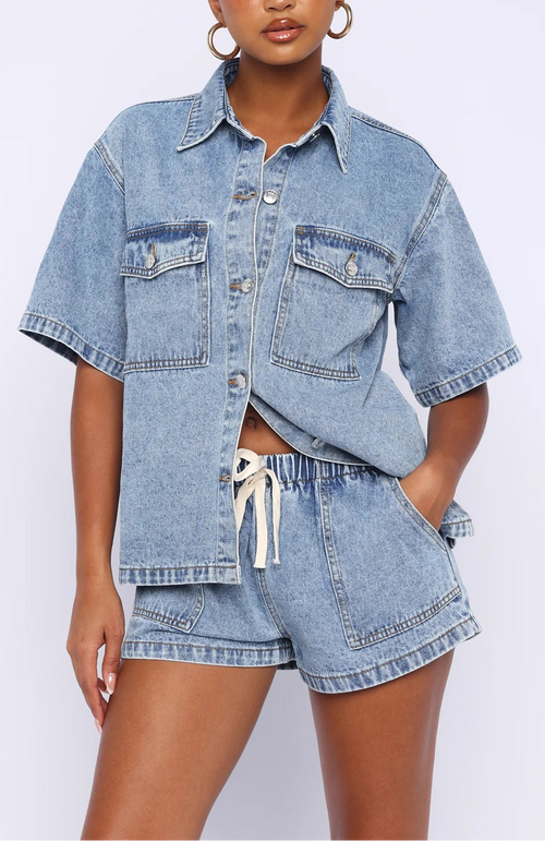 Eyvette Boutique Denim Daydream Button Up Shirt - Mid Blue